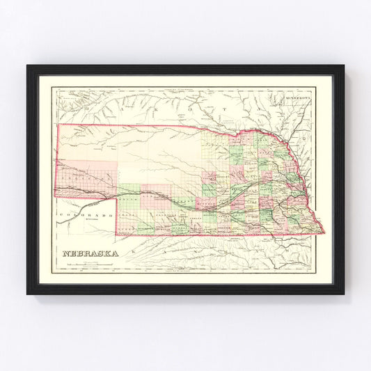 Vintage Map of Nebraska 1876 -Not available at Minden location-