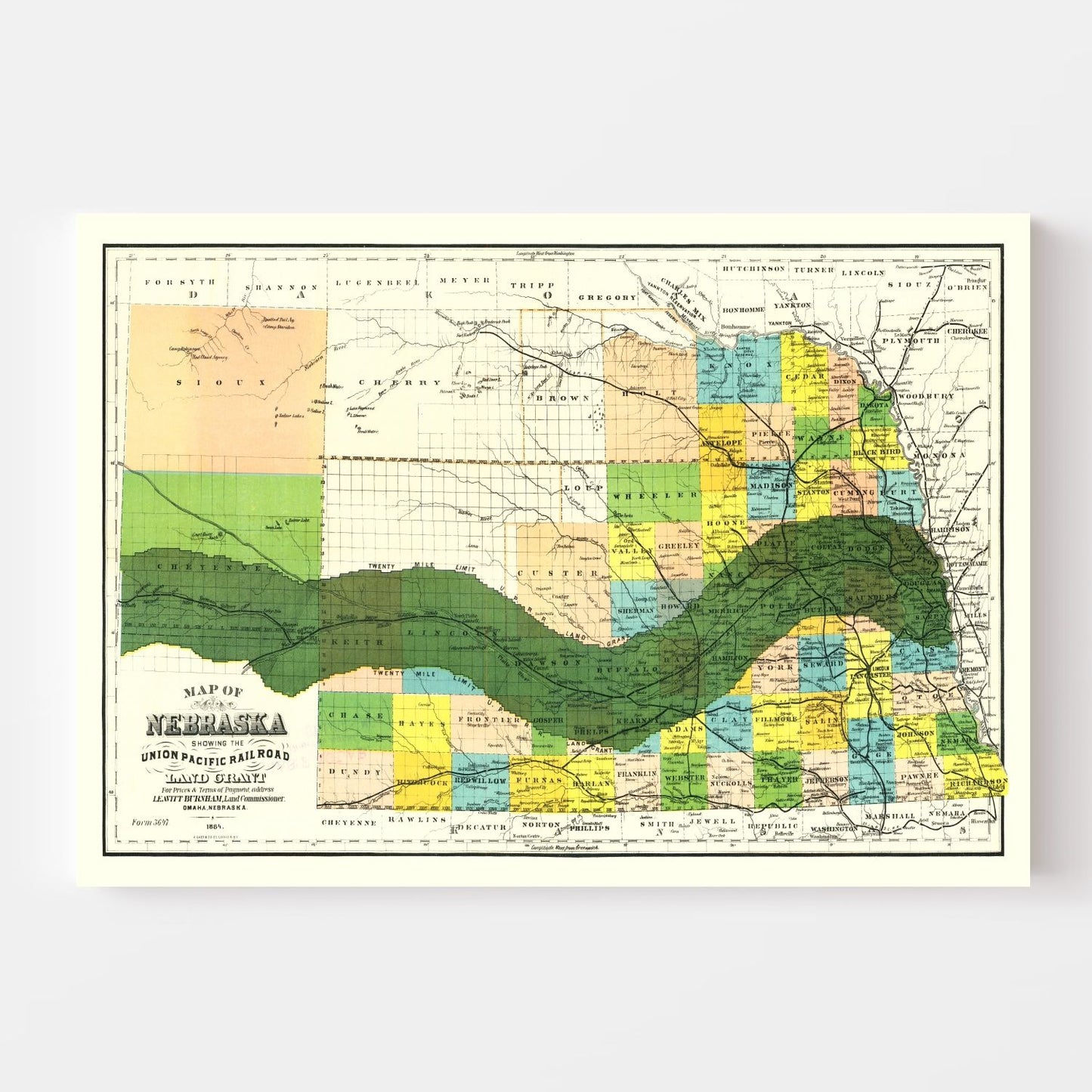 Vintage Union Pacific Railroad Land Grant Map of Nebraska 1884-Not available at Minden location-