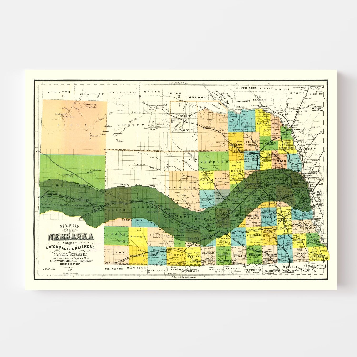 Vintage Union Pacific Railroad Land Grant Map of Nebraska 1884-Not available at Minden location-