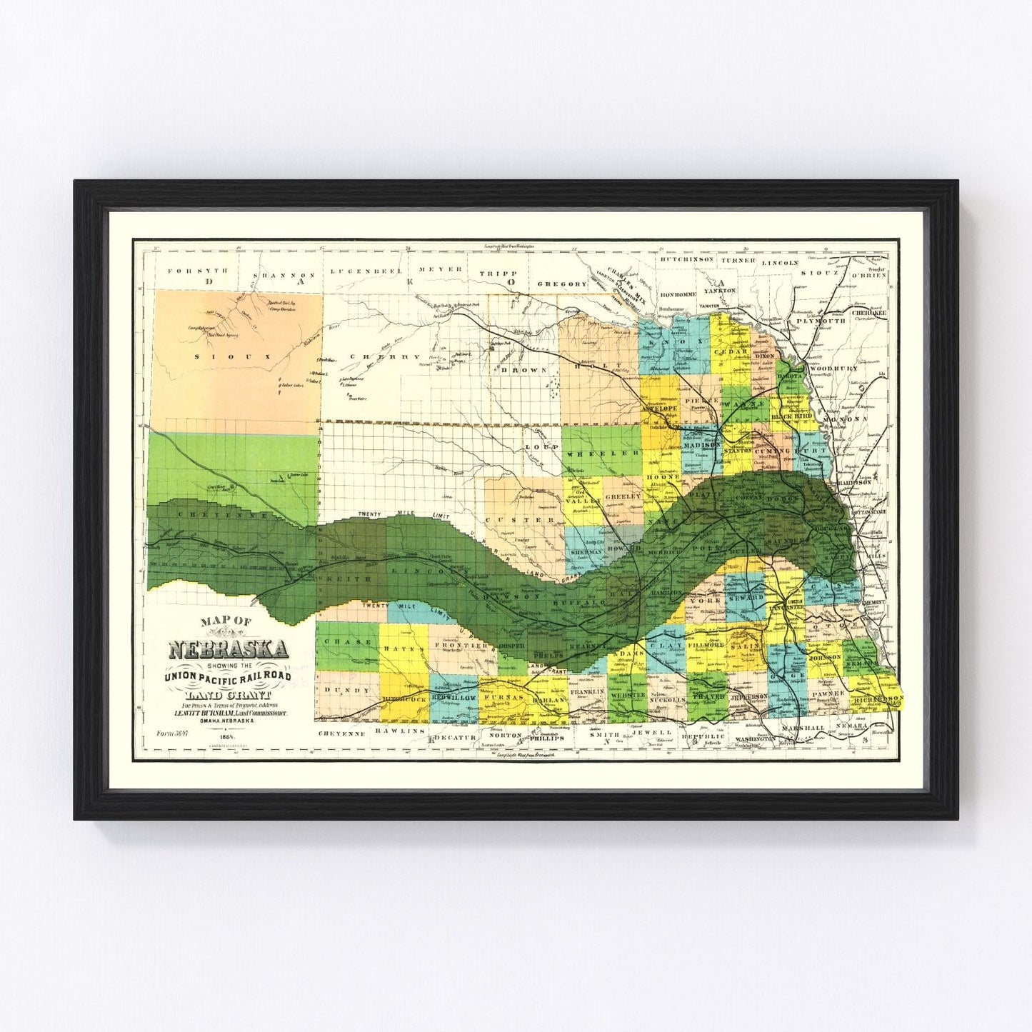 Vintage Union Pacific Railroad Land Grant Map of Nebraska 1884-Not available at Minden location-
