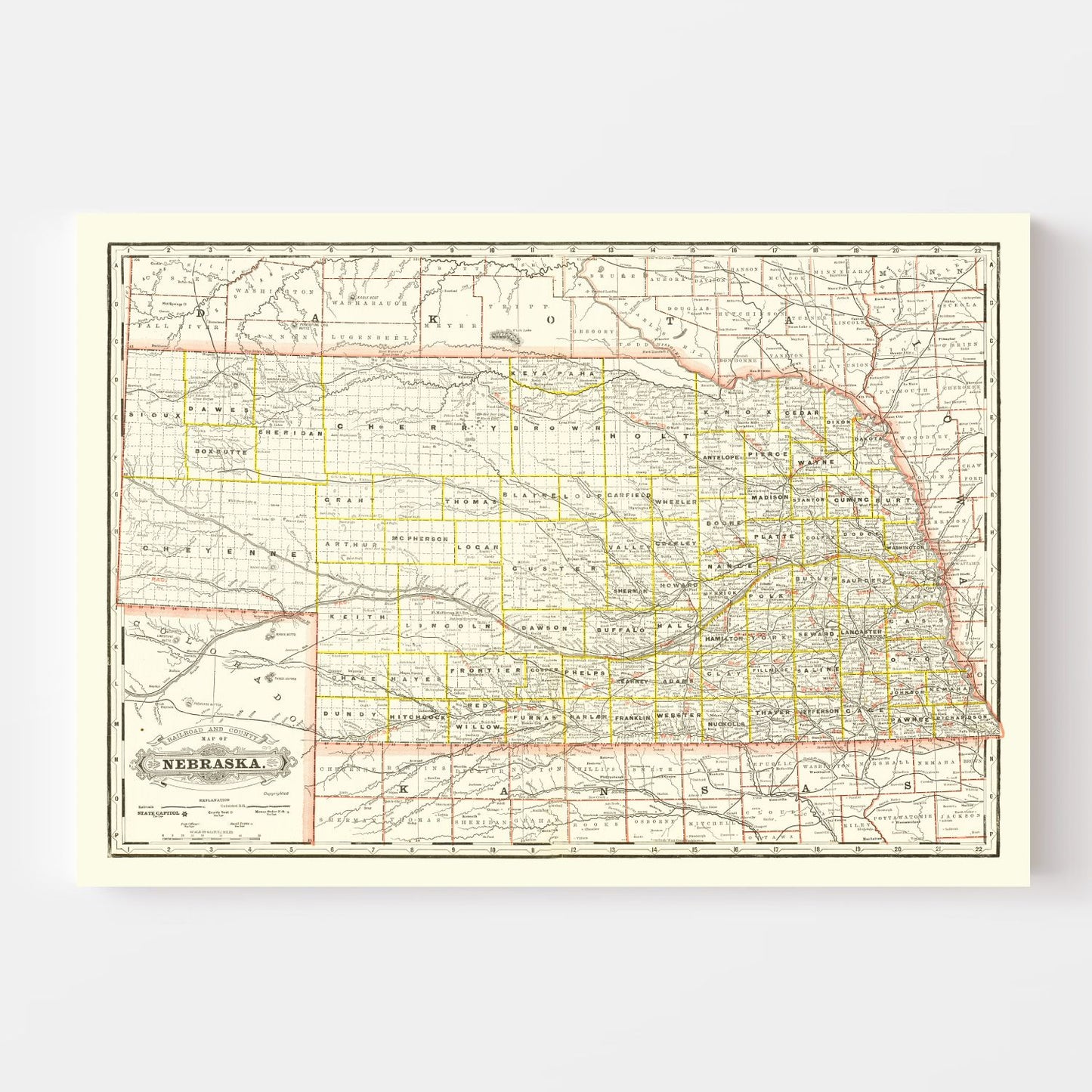 Vintage Railroad Map of Nebraska 1888 -Not available at Minden location-