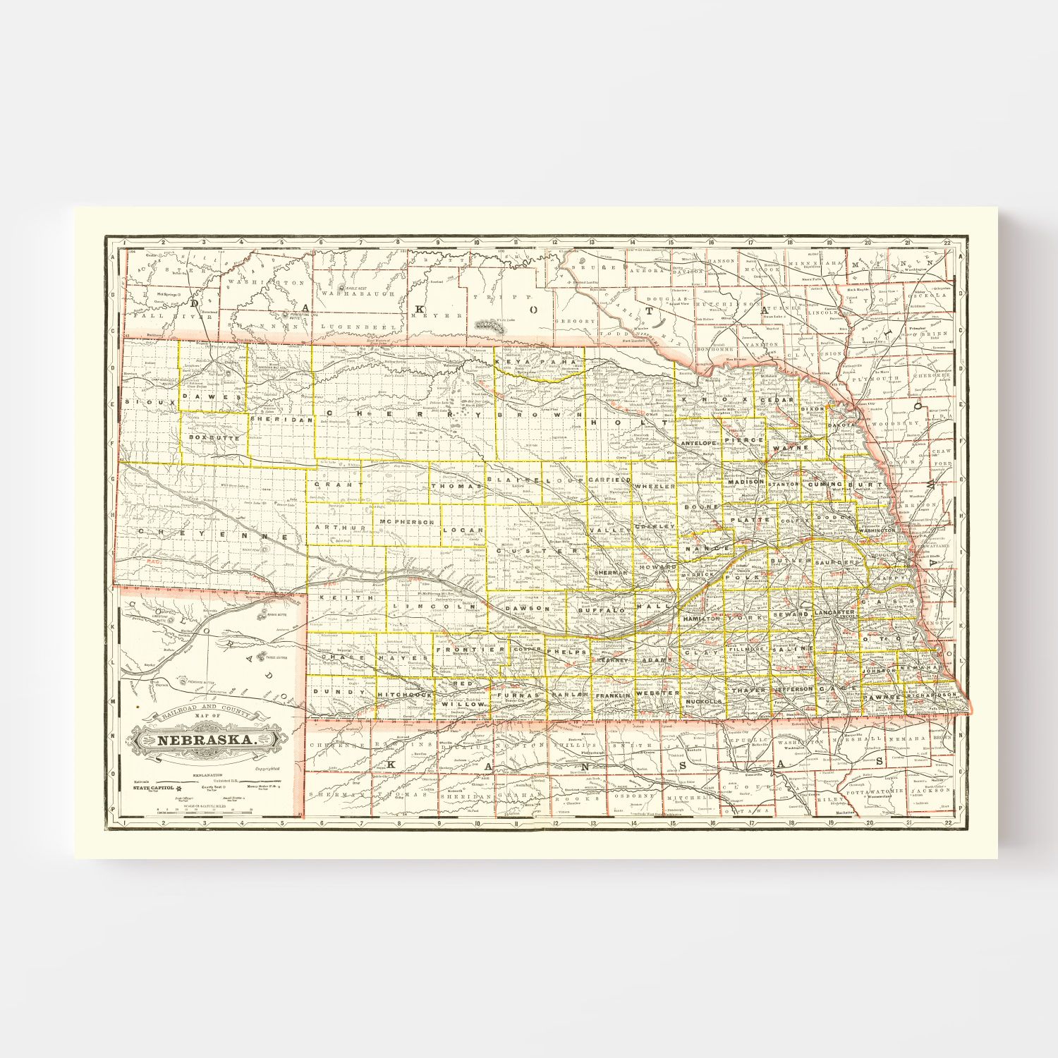Vintage Railroad Map of Nebraska 1888 -Not available at Minden location-