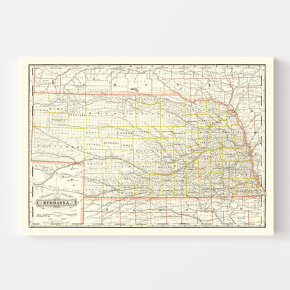 Vintage Railroad Map of Nebraska 1888 -Not available at Minden location-