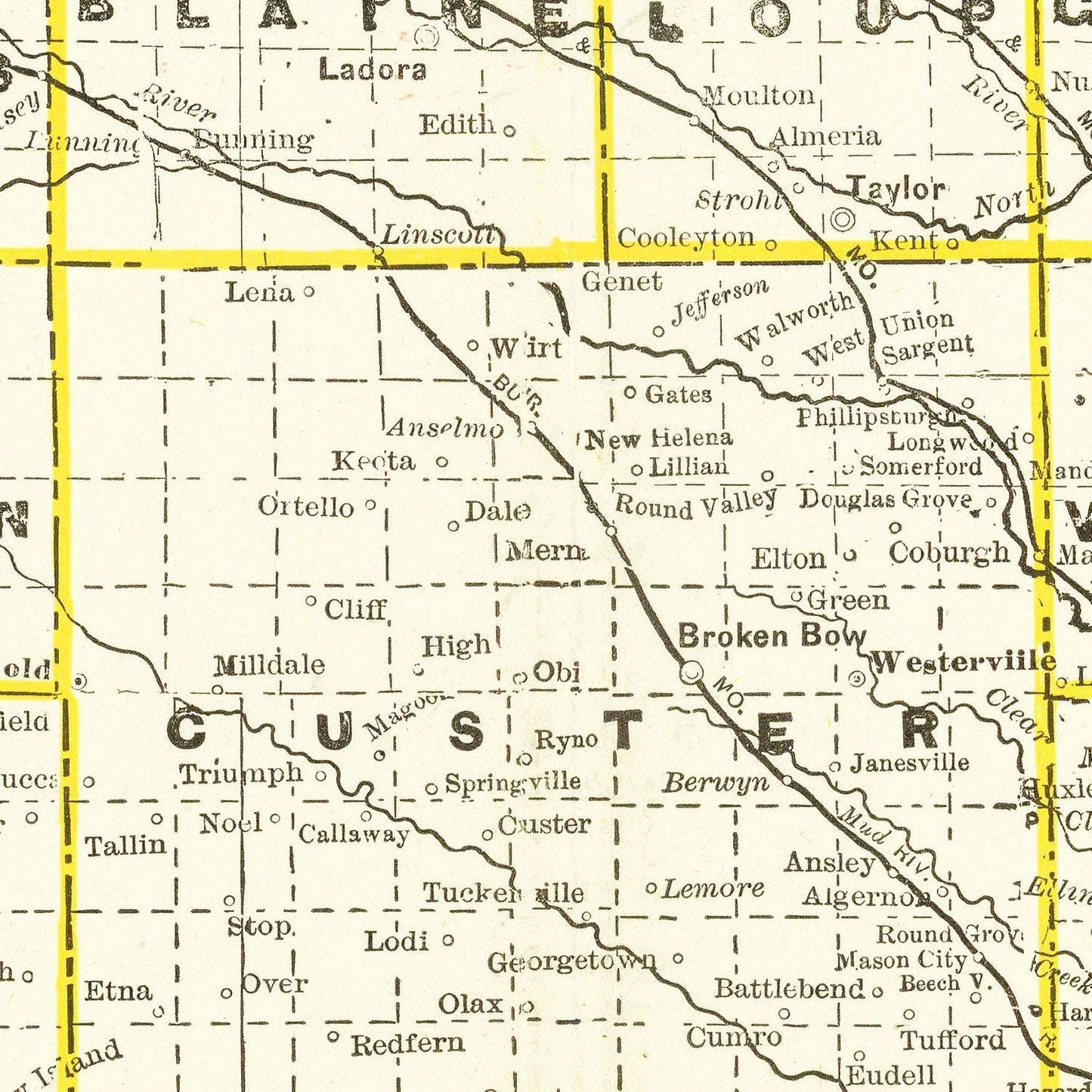 Vintage Railroad Map of Nebraska 1888 -Not available at Minden location-