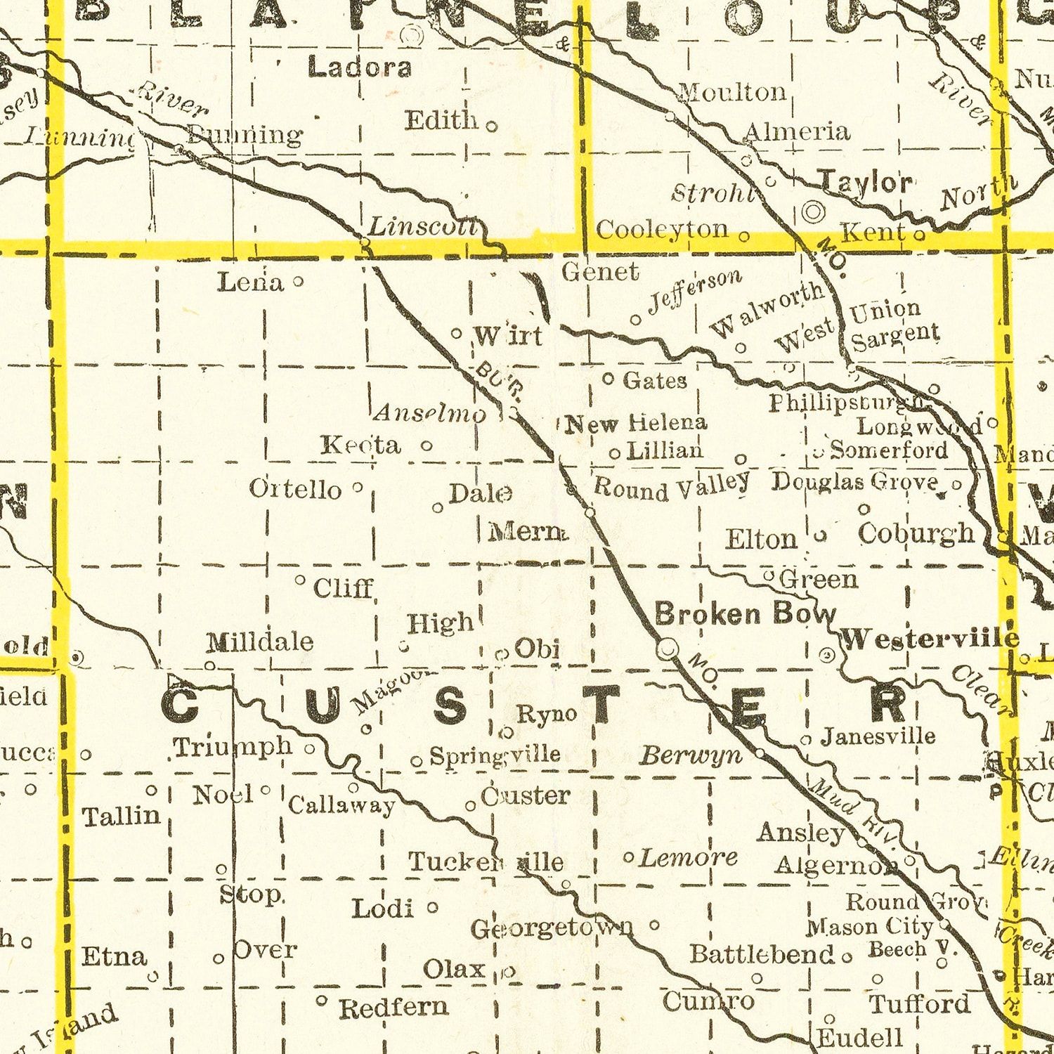 Vintage Railroad Map of Nebraska 1888 -Not available at Minden location-