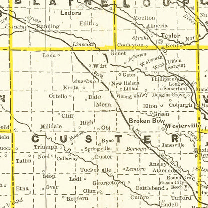 Vintage Railroad Map of Nebraska 1888 -Not available at Minden location-