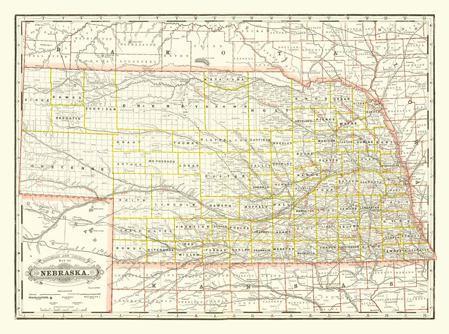 Vintage Railroad Map of Nebraska 1888 -Not available at Minden location-