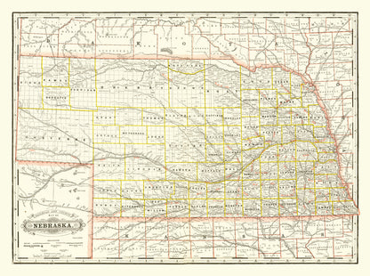 Vintage Railroad Map of Nebraska 1888 -Not available at Minden location-