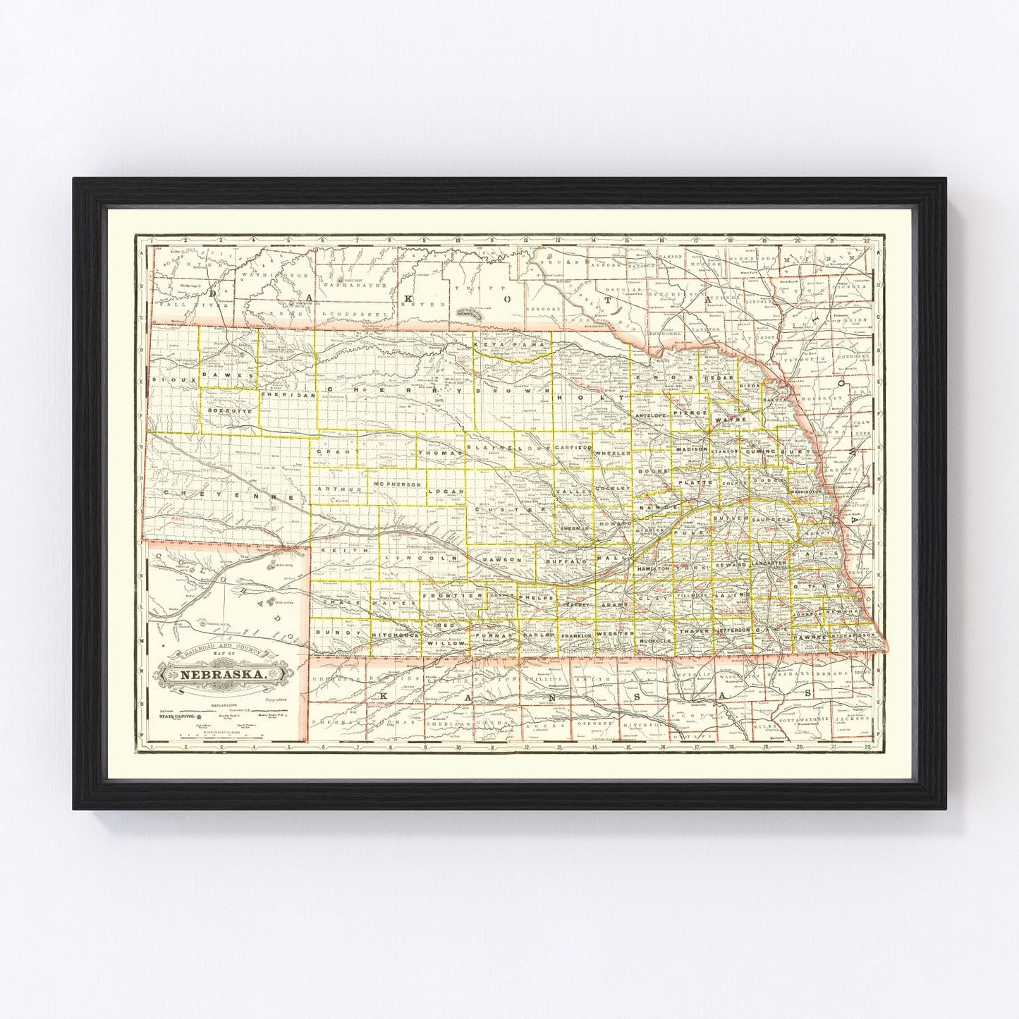 Vintage Railroad Map of Nebraska 1888 -Not available at Minden location-