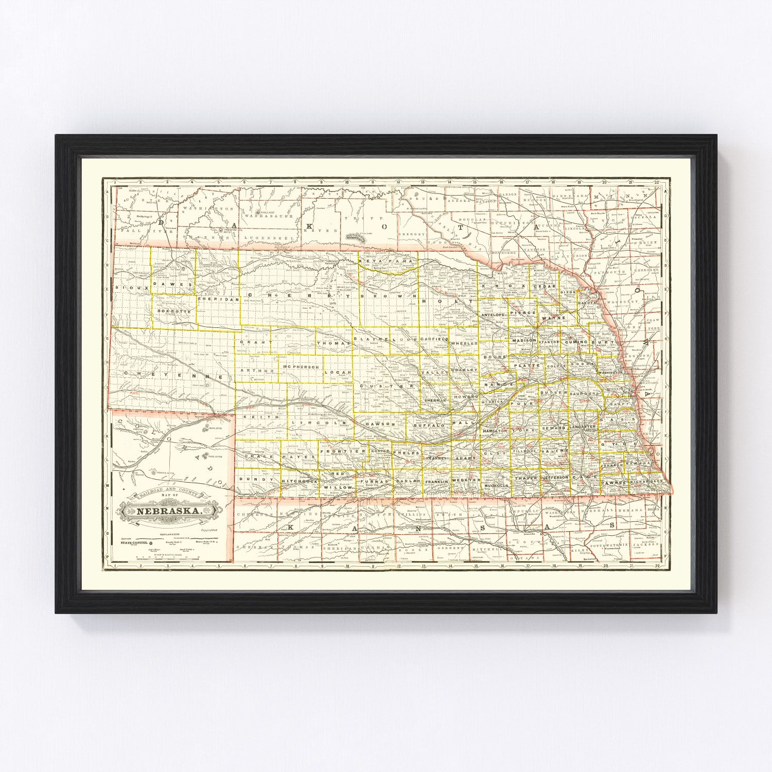 Vintage Railroad Map of Nebraska 1888 -Not available at Minden location-