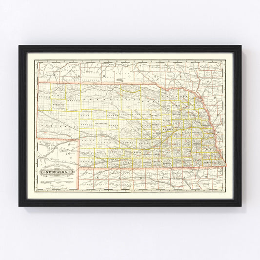 Vintage Railroad Map of Nebraska 1888 -Not available at Minden location-