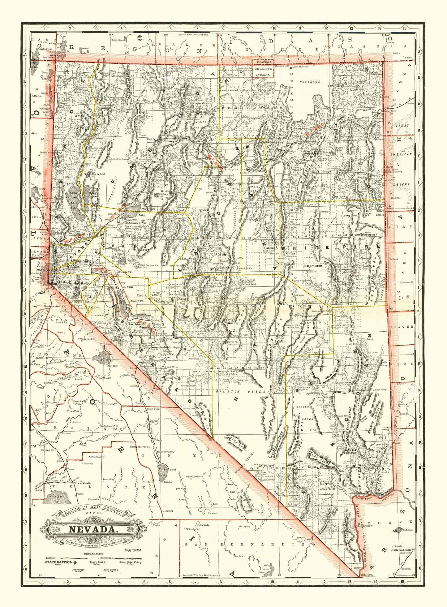 Vintage Railroad Map of Nebraska 1884 -Not available at Minden location-