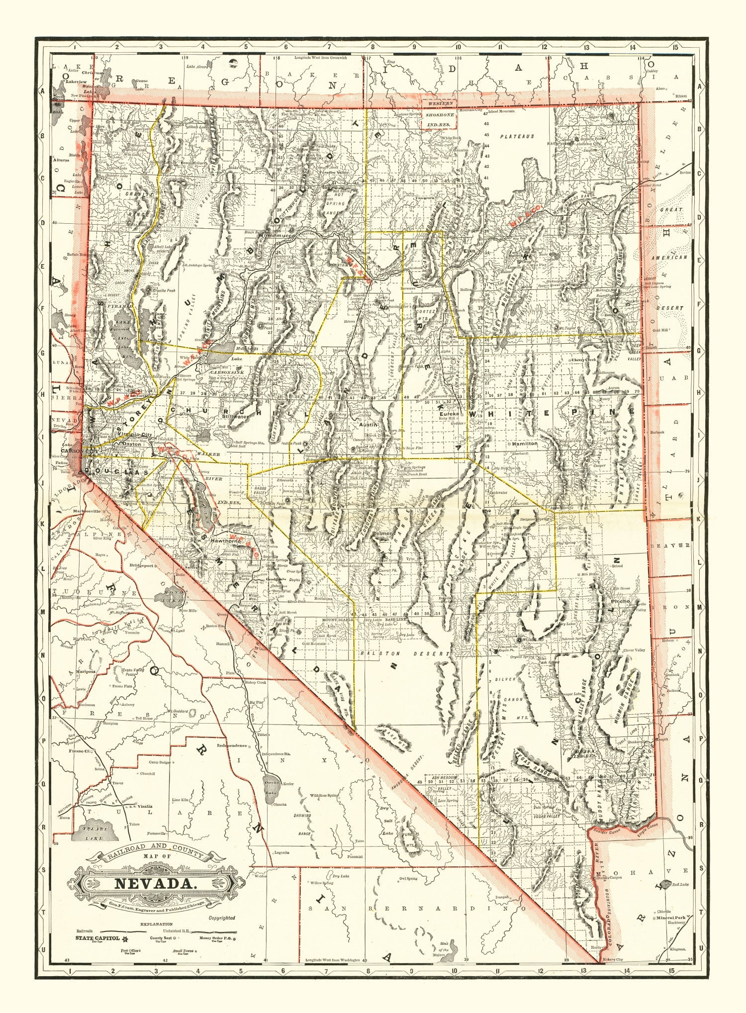 Vintage Railroad Map of Nebraska 1884 -Not available at Minden location-