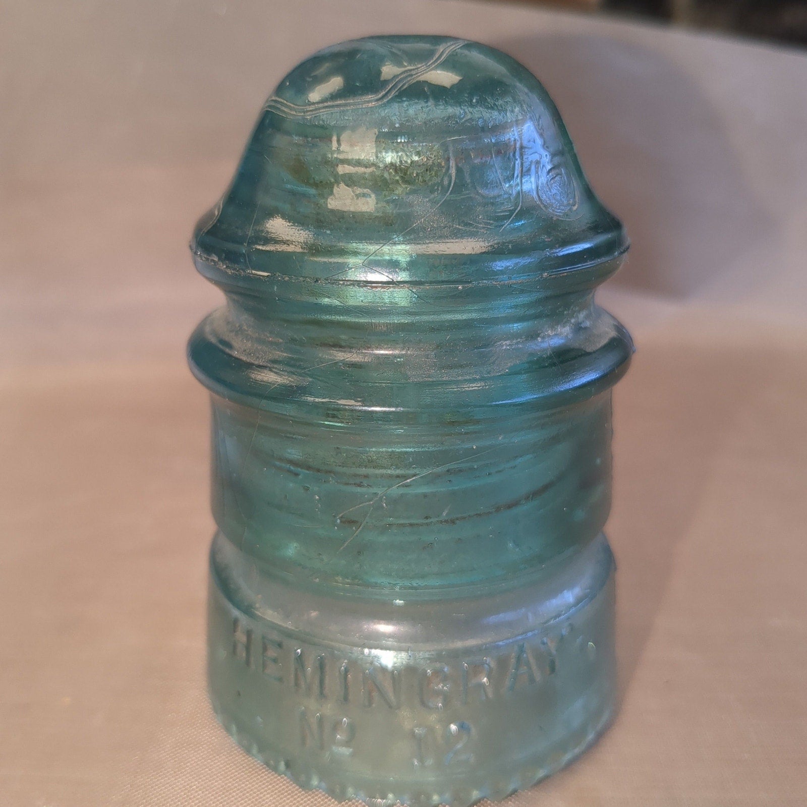 Vintage Hemingray #12 teal green glass insulator h612