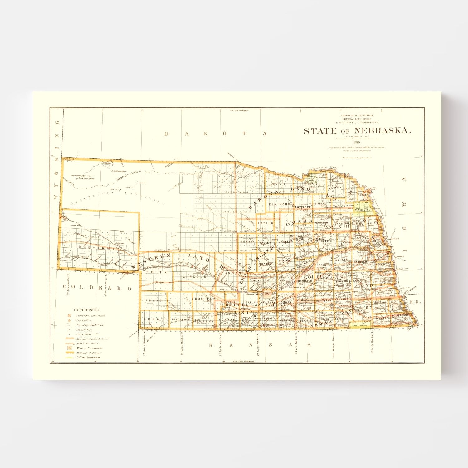 Vintage Map of Nebraska 1876 -Not available at Minden location-