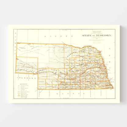 Vintage Map of Nebraska 1876 -Not available at Minden location-