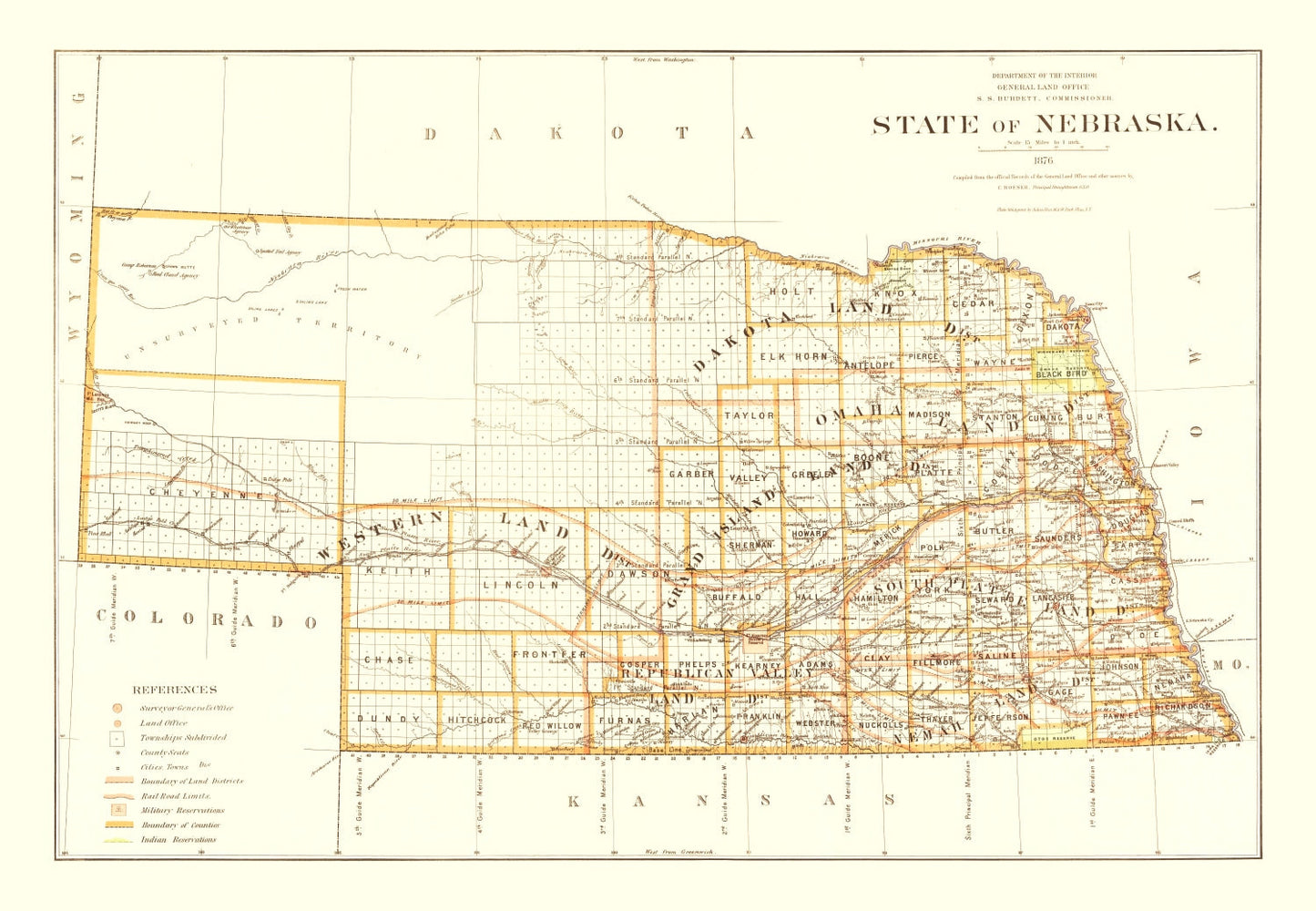Vintage Map of Nebraska 1876 -Not available at Minden location-