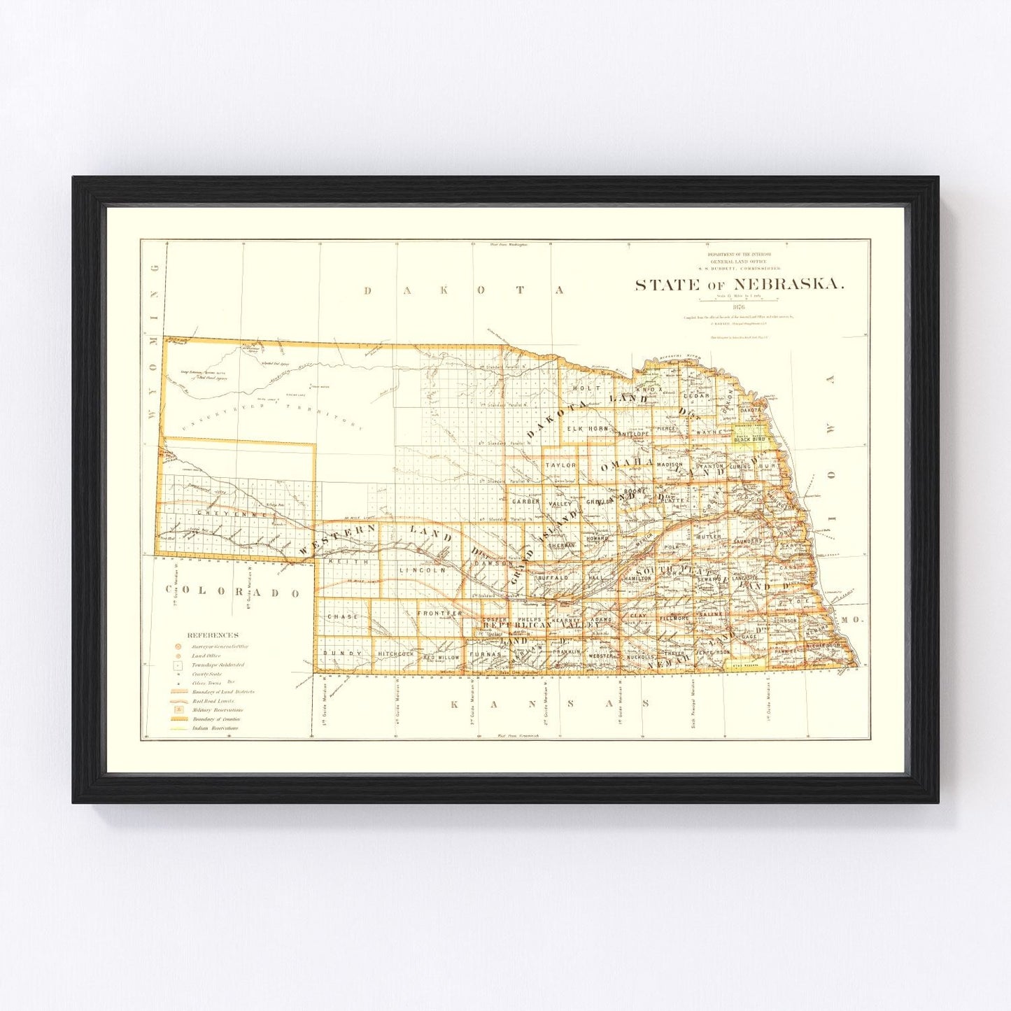 Vintage Map of Nebraska 1876 -Not available at Minden location-