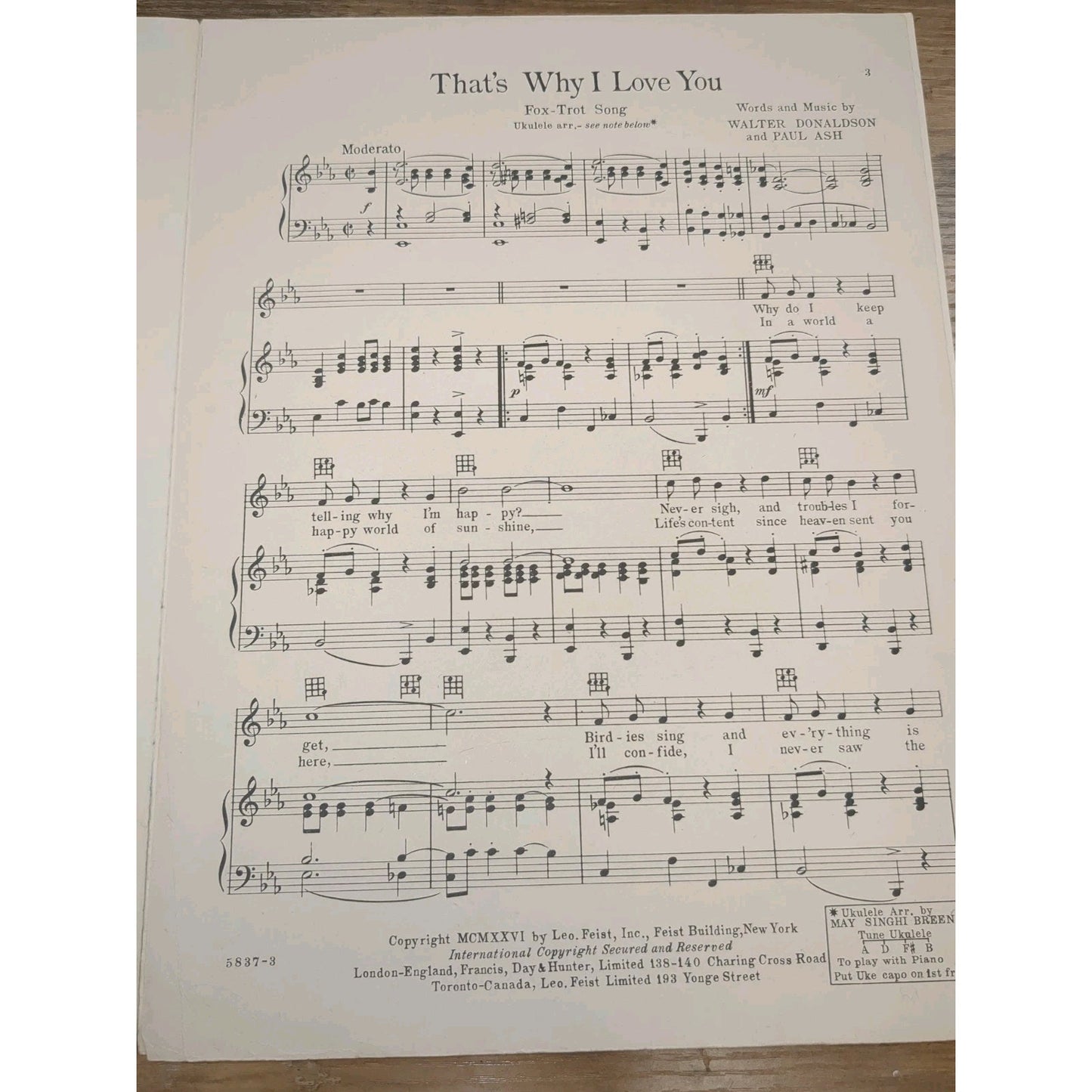 1926 That's Why I Love You Vtg Sheet Music Fox Trot Ballad W Donaldson Paul Ash
