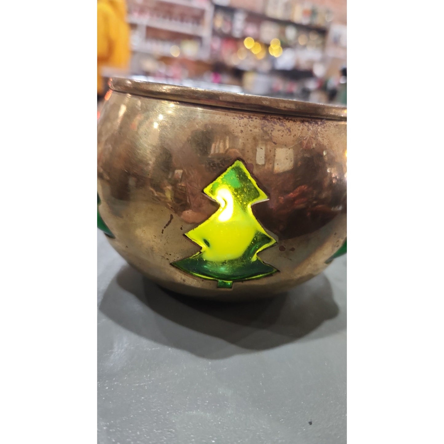 Vintage Brass cut out tree glass insert candle holder