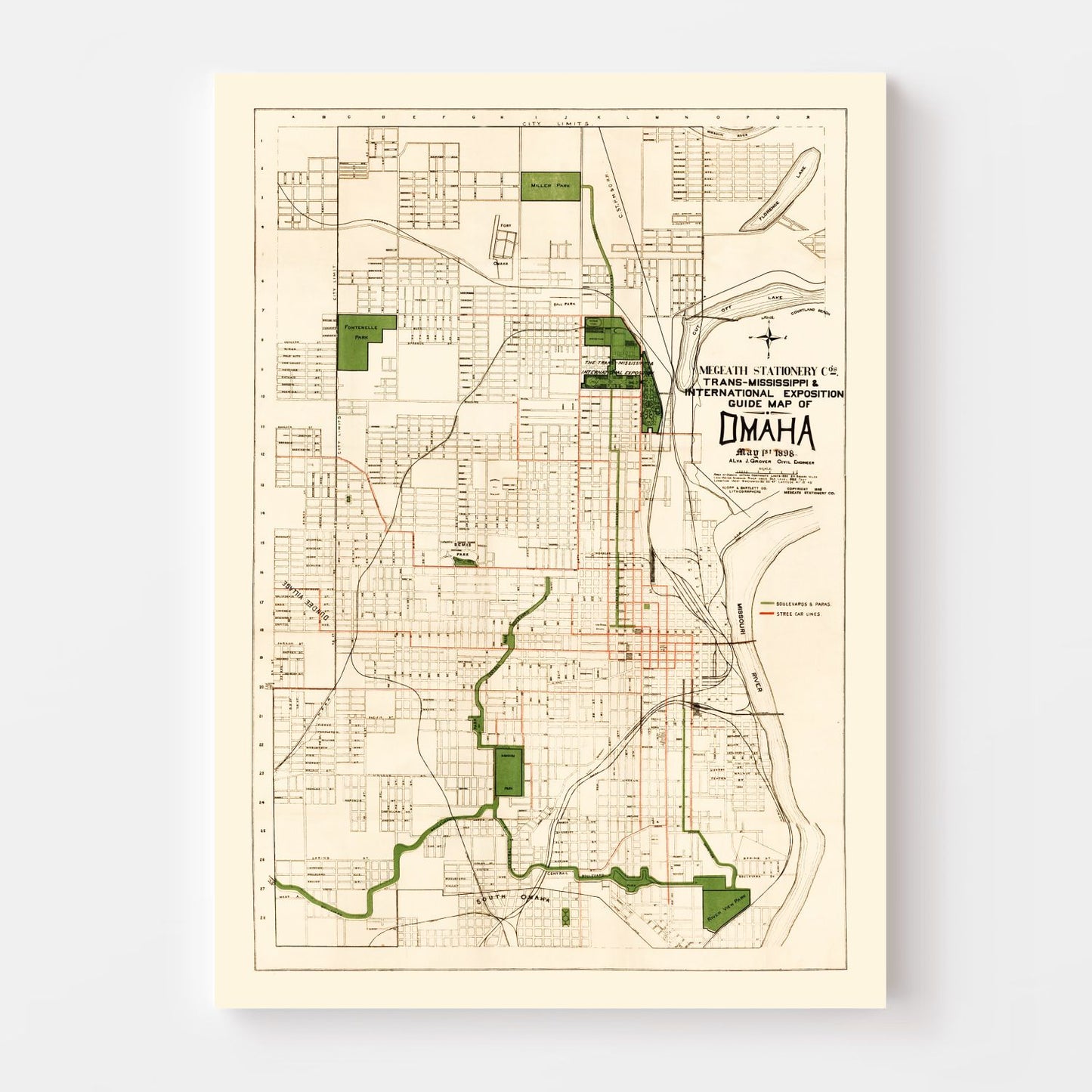 Vintage Map of Omaha, Nebraska 1898 -Not available at Minden location-