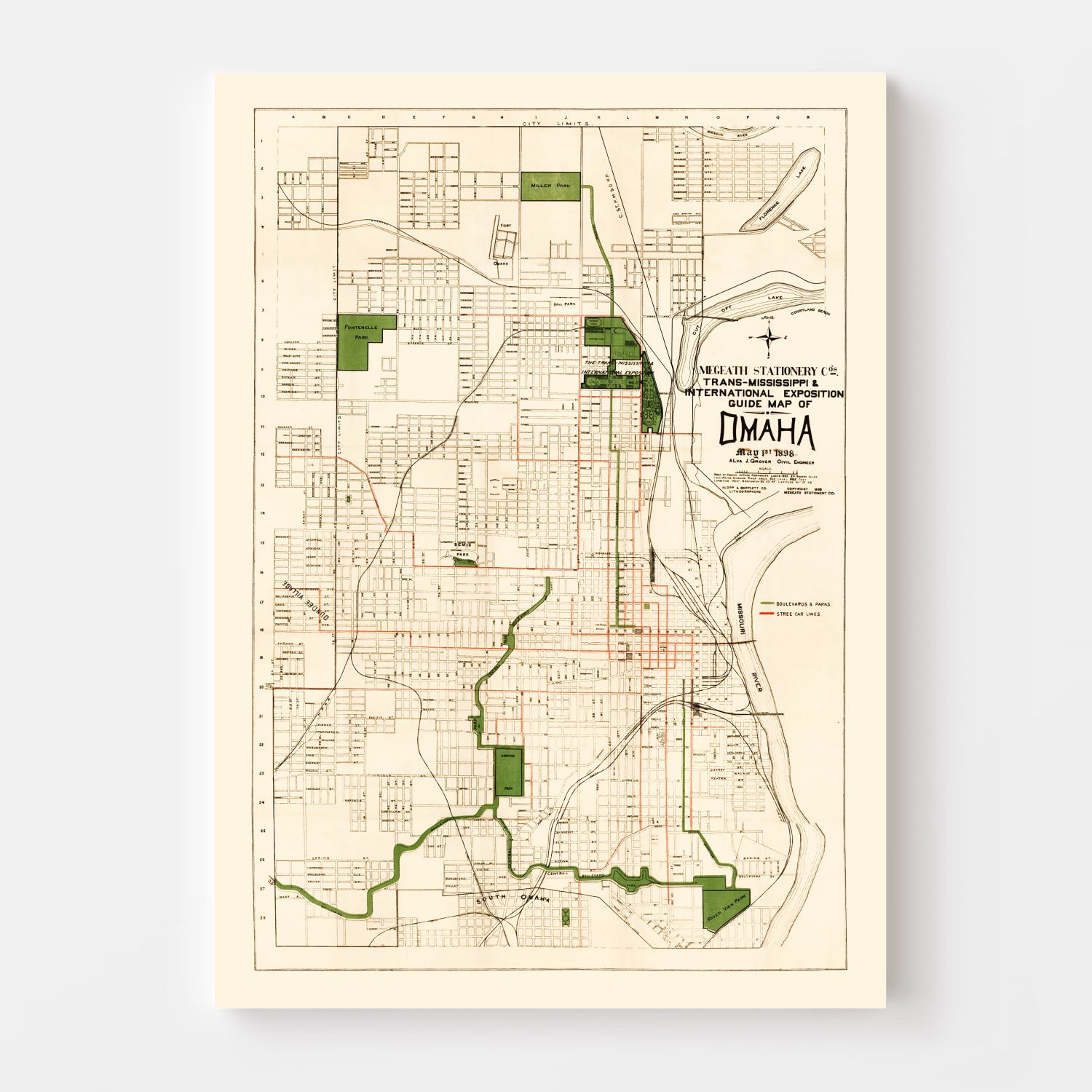 Vintage Map of Omaha, Nebraska 1898 -Not available at Minden location-