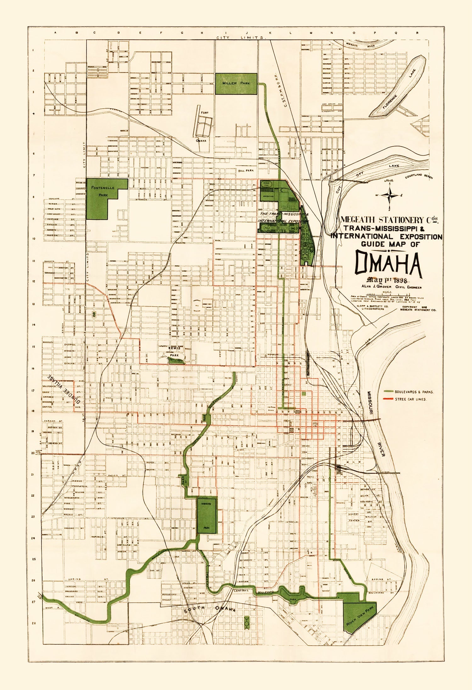 Vintage Map of Omaha, Nebraska 1898 -Not available at Minden location-
