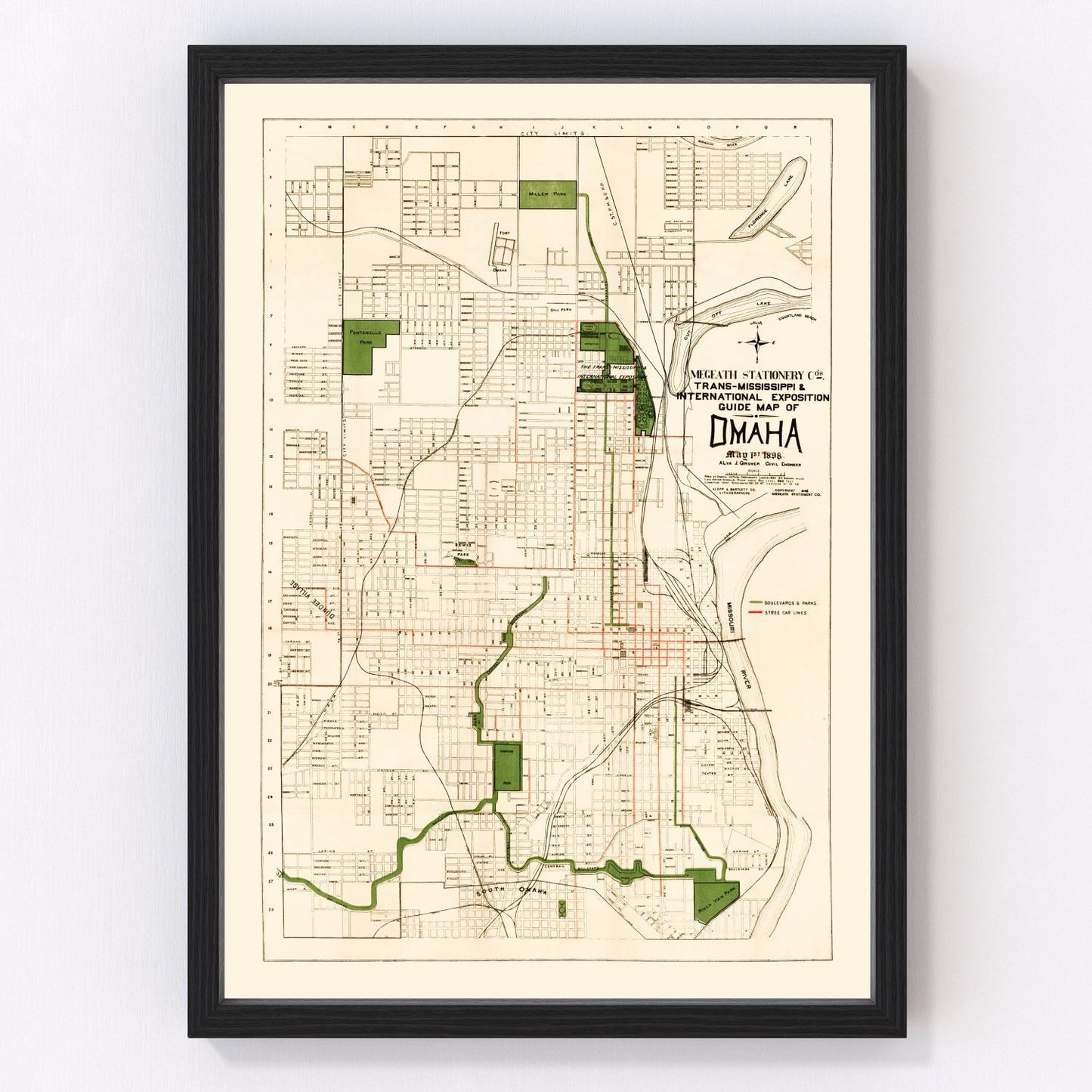 Vintage Map of Omaha, Nebraska 1898 -Not available at Minden location-