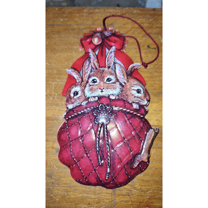 THREE BUNNIES IN A BASKET 5.25” PRESS TIN ORNAMENT (CB4525)