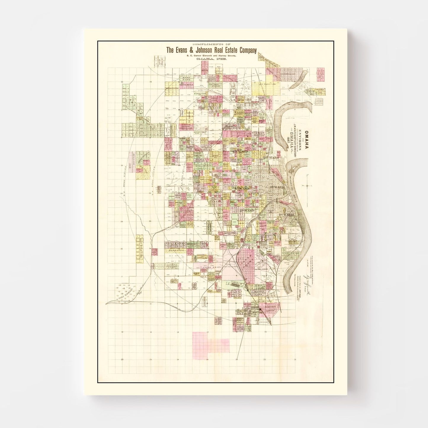 Vintage Map of Omaha, Nebraska 1887 -Not available at Minden location-