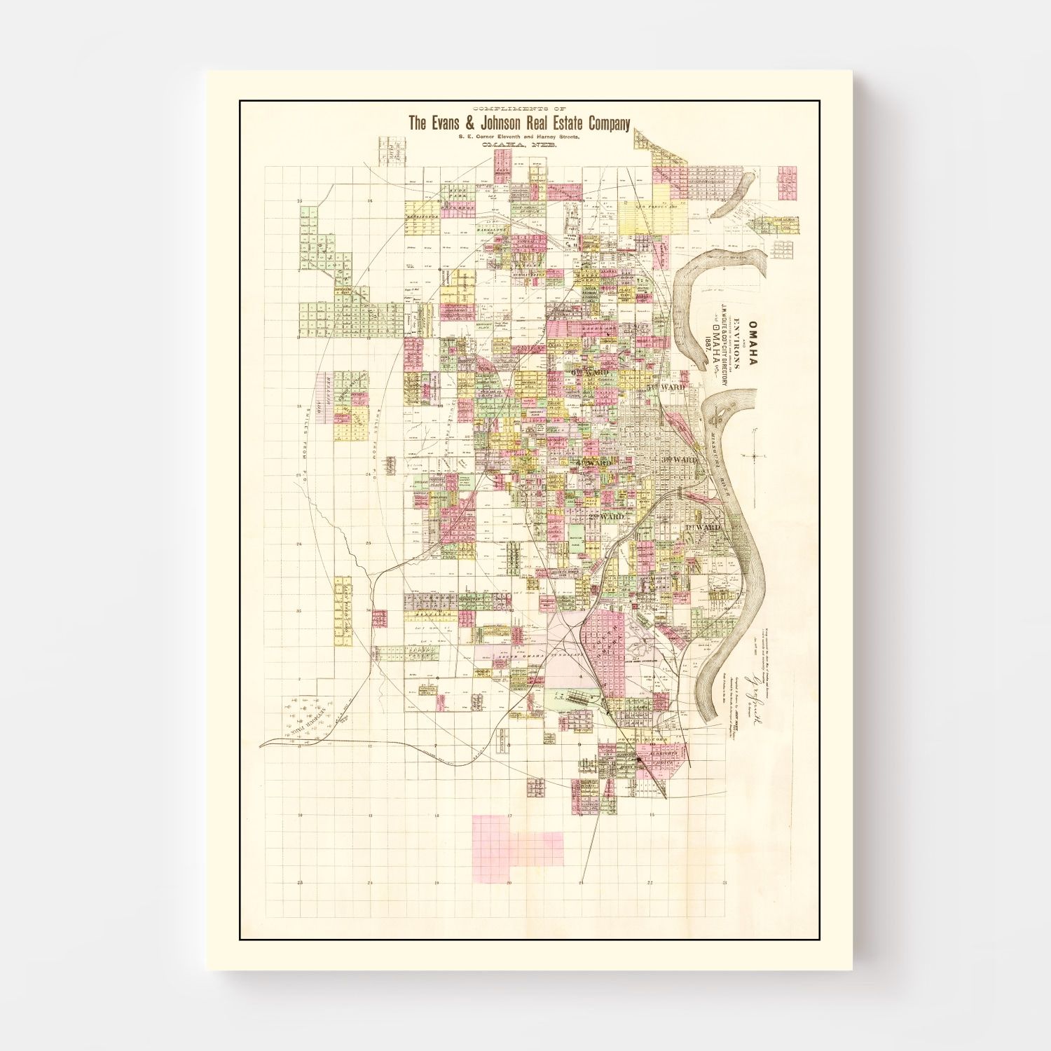 Vintage Map of Omaha, Nebraska 1887 -Not available at Minden location-