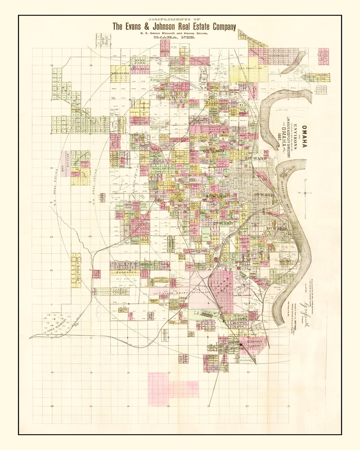 Vintage Map of Omaha, Nebraska 1887 -Not available at Minden location-