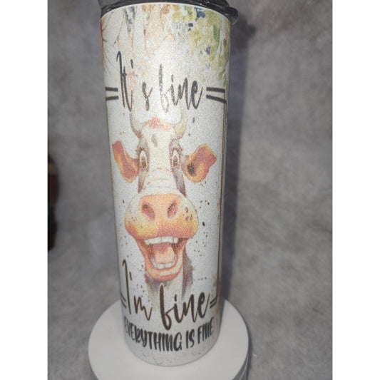 20 oz Stainless Steel Glitter Tumbler Cow I Fine Everything's Fine