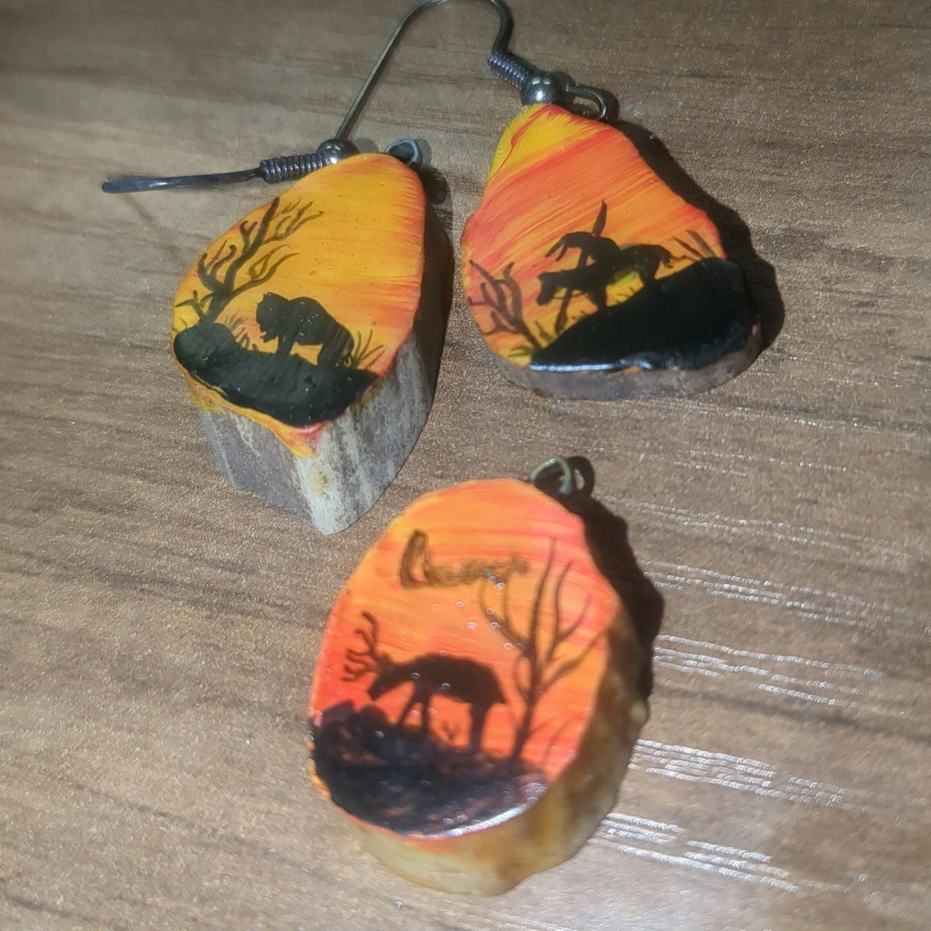 Hand-Painted Deer antler earrings and necklace pendent
