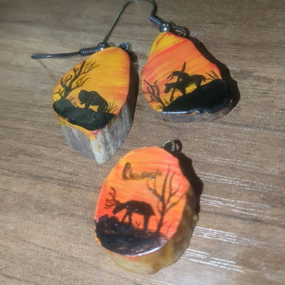 Hand-Painted Deer antler earrings and necklace pendent