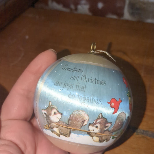 Vintage 1980 Hallmark Grandson Satin Ornament Snowman Tree Raccoons Skating Sled