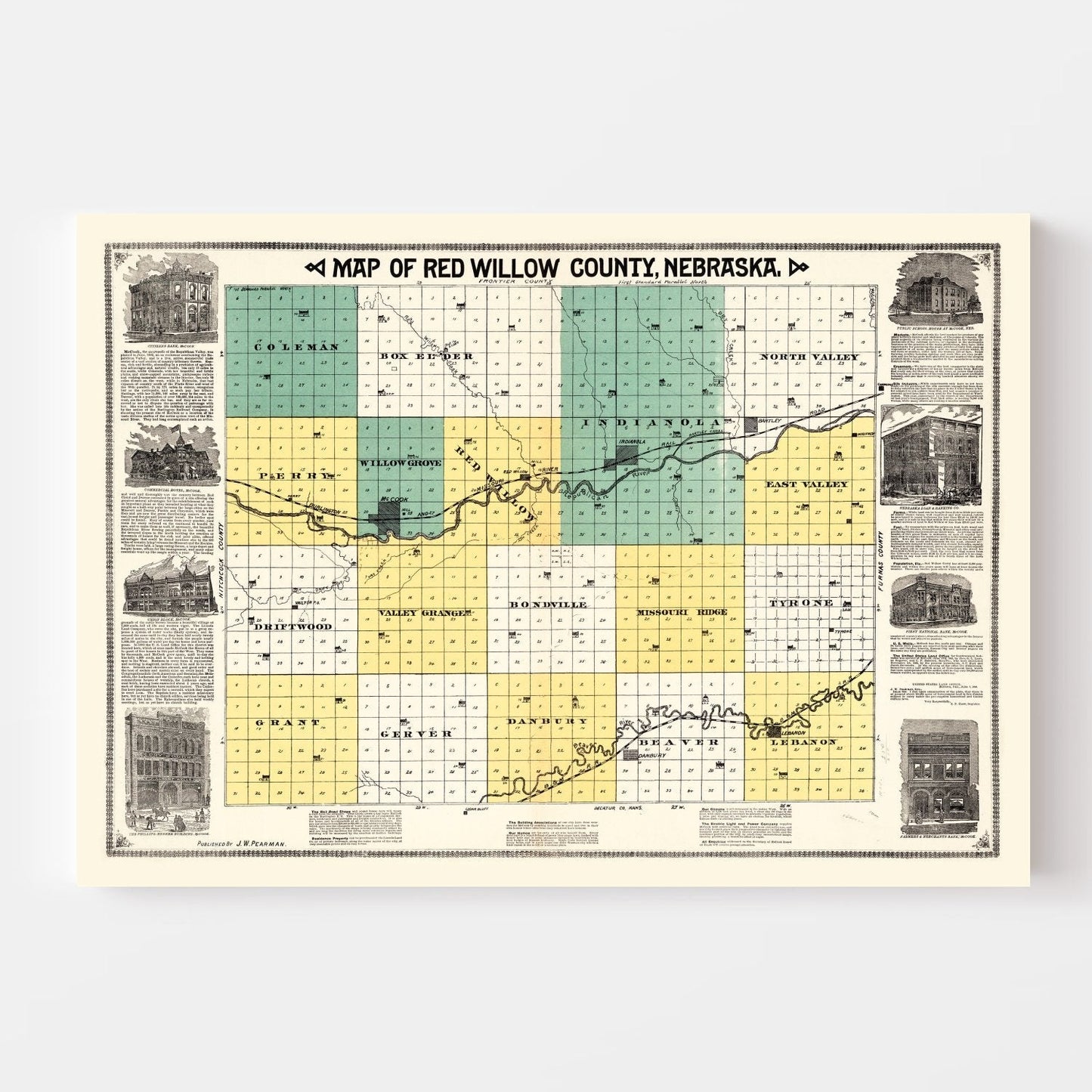 Vintage Map of Red Willow County, Nebraska 1890 -Not available at Minden location-