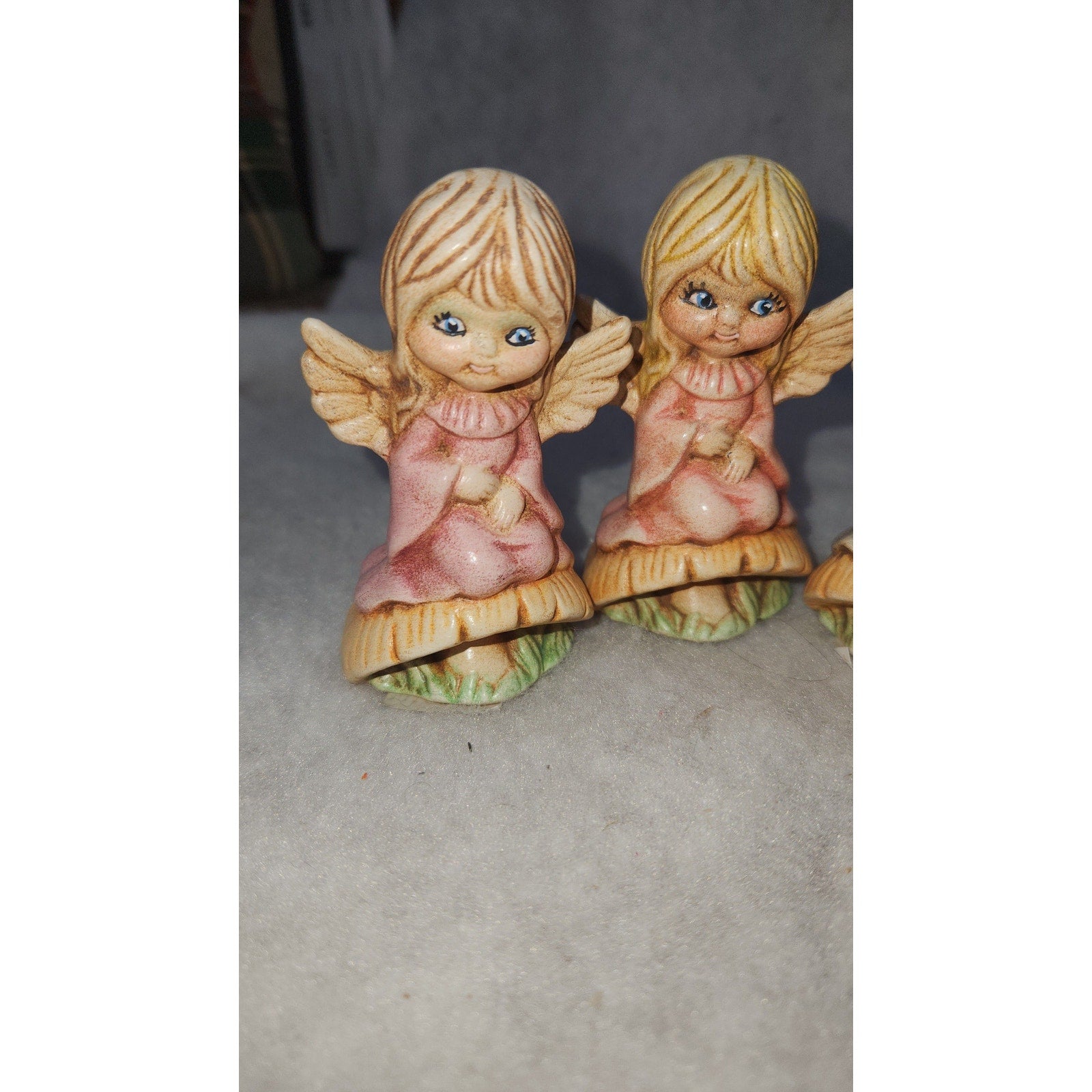 Vintage angels on mushrooms and with a bird handpainted