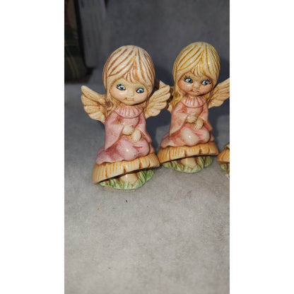 Vintage angels on mushrooms and with a bird handpainted