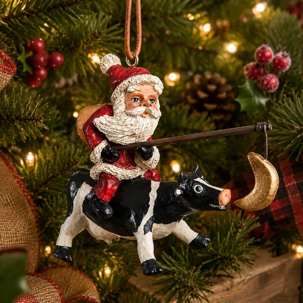 Santa with Cow Ornament | Bert Anderson Collection