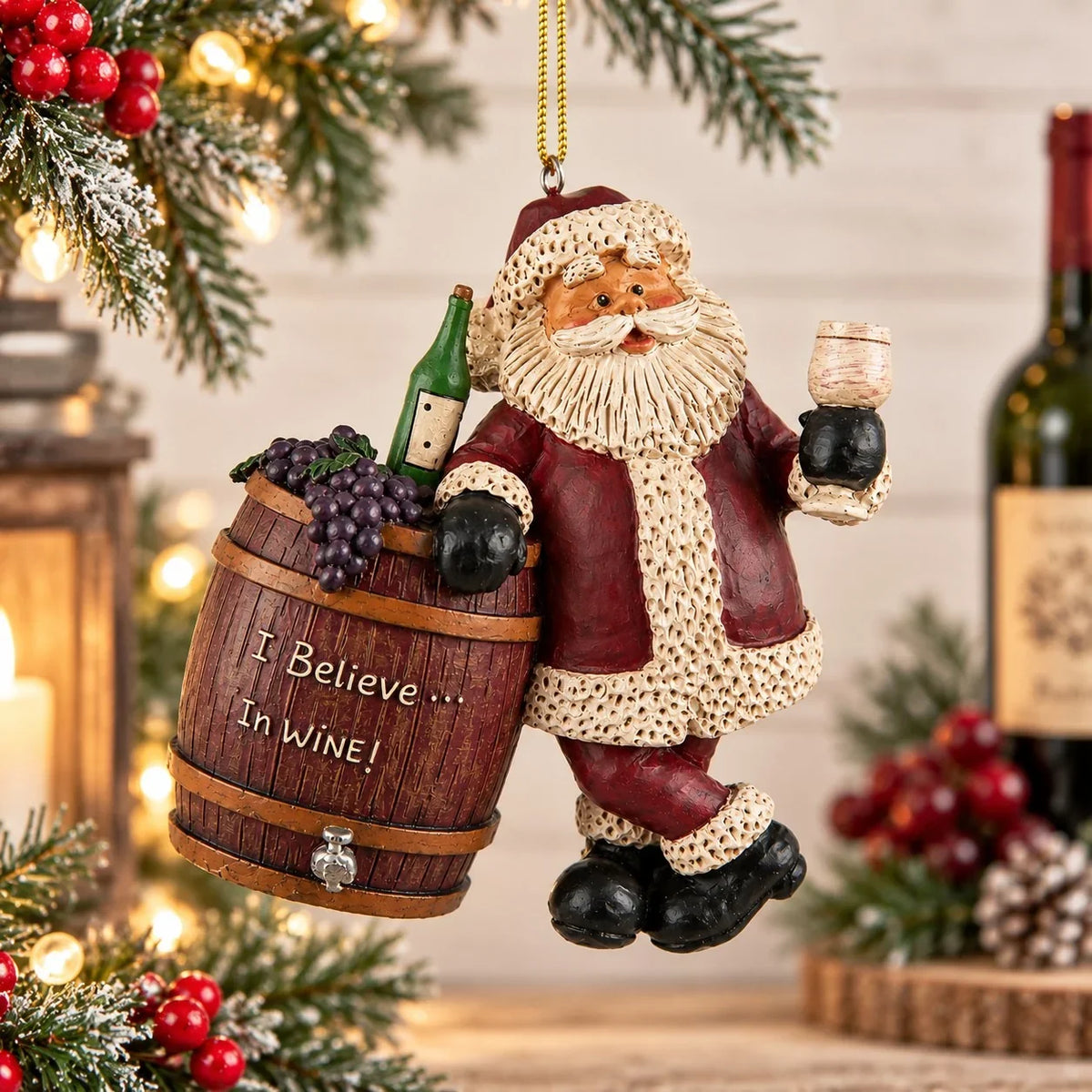 Santa with Wine Barrel Ornament | Bert Anderson Collection