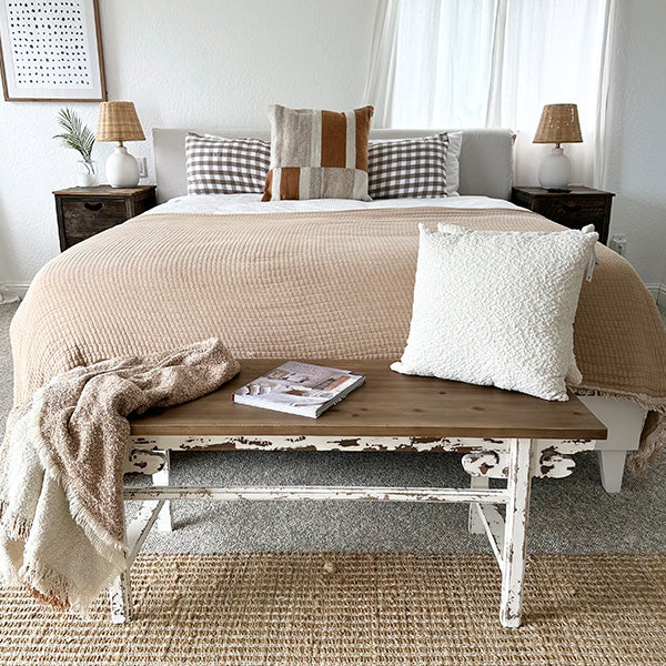 Distressed White Finish Wooden Bench