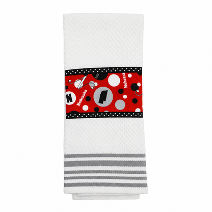 Tea Towel | Multiple Designs | Lori's Specialty Designs White Towel With Nebraska Design + Grey Lines