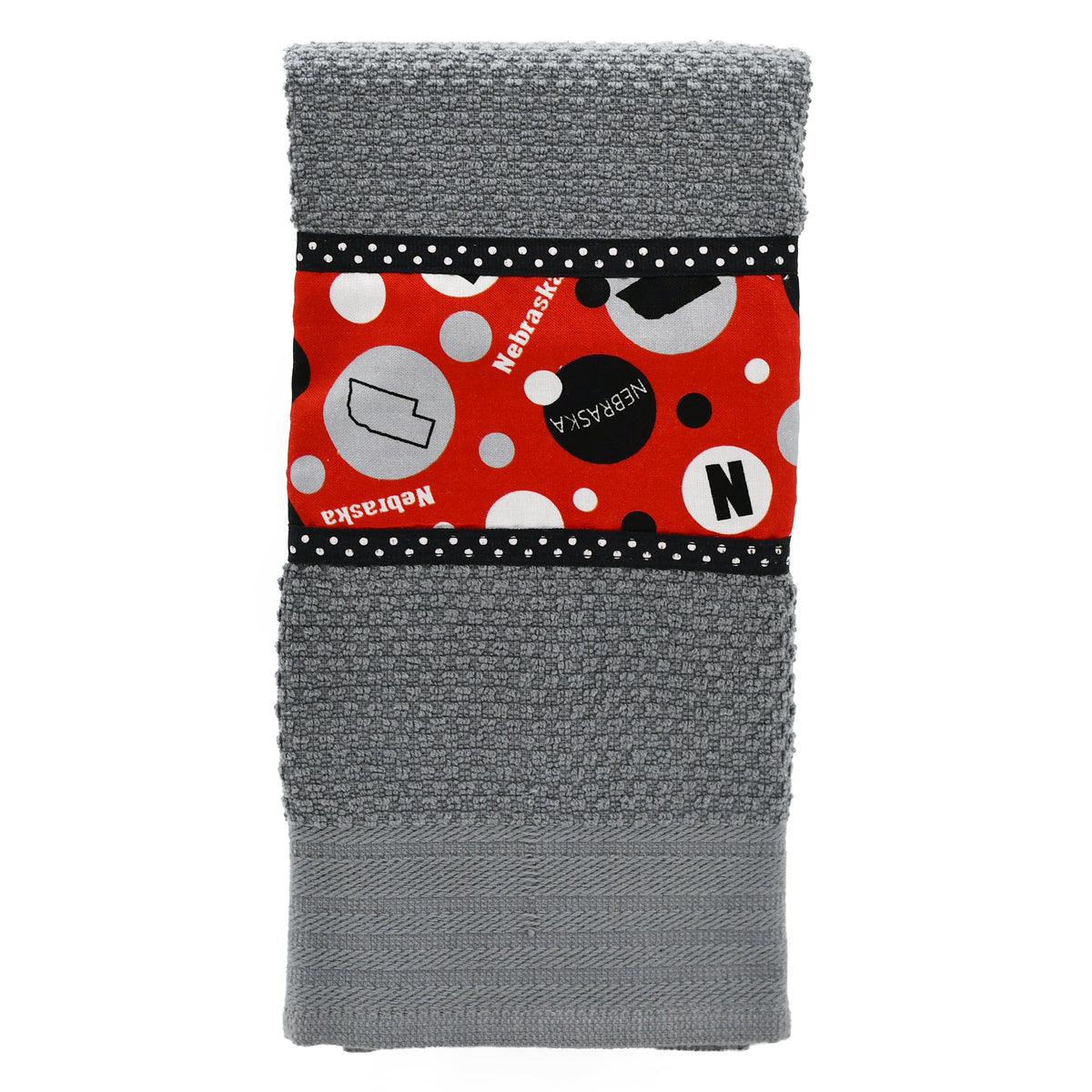 Tea Towel | Multiple Designs | Lori's Specialty Designs Grey Towel With Red Nebraska Design