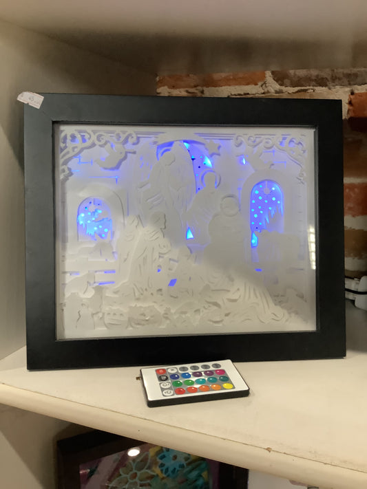 Shadowbox with Lights Black Frame Layered, Cut Cardstock Nativity Scene 8 x 10” Handcrafted sb77