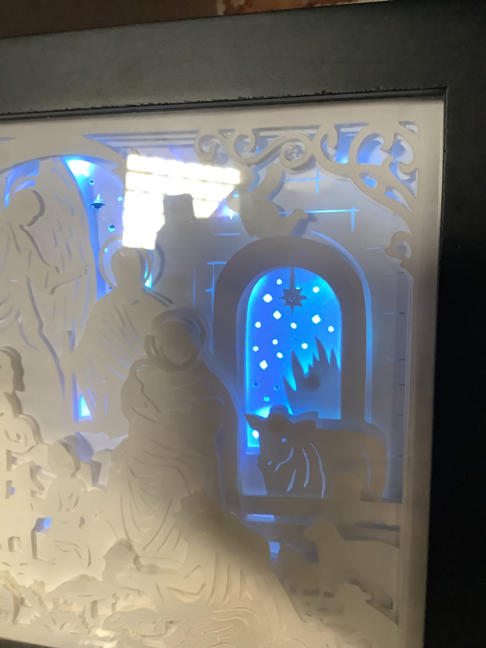 Shadowbox with Lights Black Frame Layered, Cut Cardstock Nativity Scene 8 x 10” Handcrafted sb77