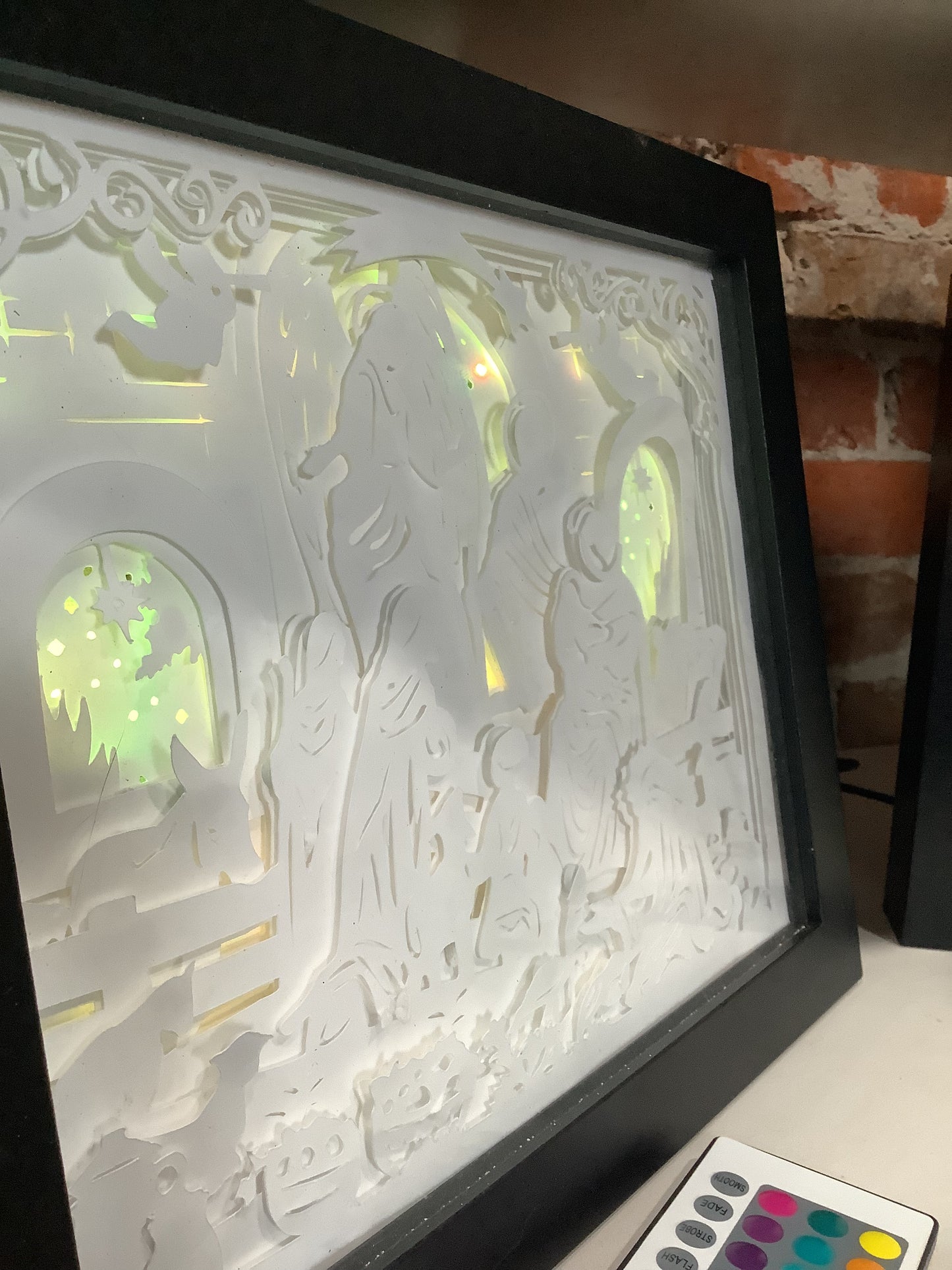 Shadowbox with Lights Black Frame Layered, Cut Cardstock Nativity Scene 8 x 10” Handcrafted sb77