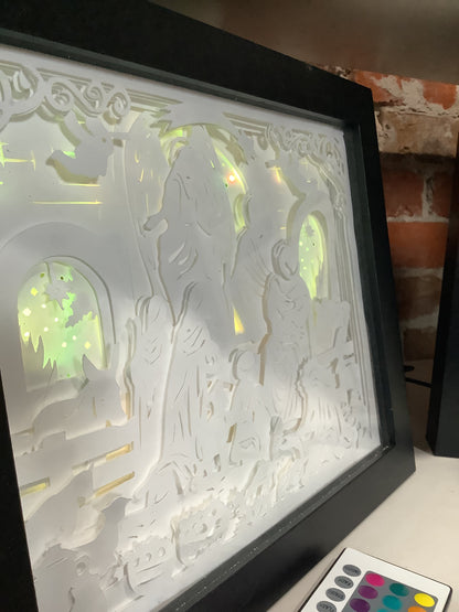 Shadowbox with Lights Black Frame Layered, Cut Cardstock Nativity Scene 8 x 10” Handcrafted sb77