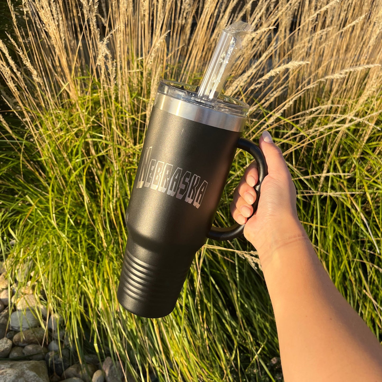 Stainless Steel Nebraska Engraved Tumbler With Handle | 40 oz | Multiple Colors | RCK Creations & More