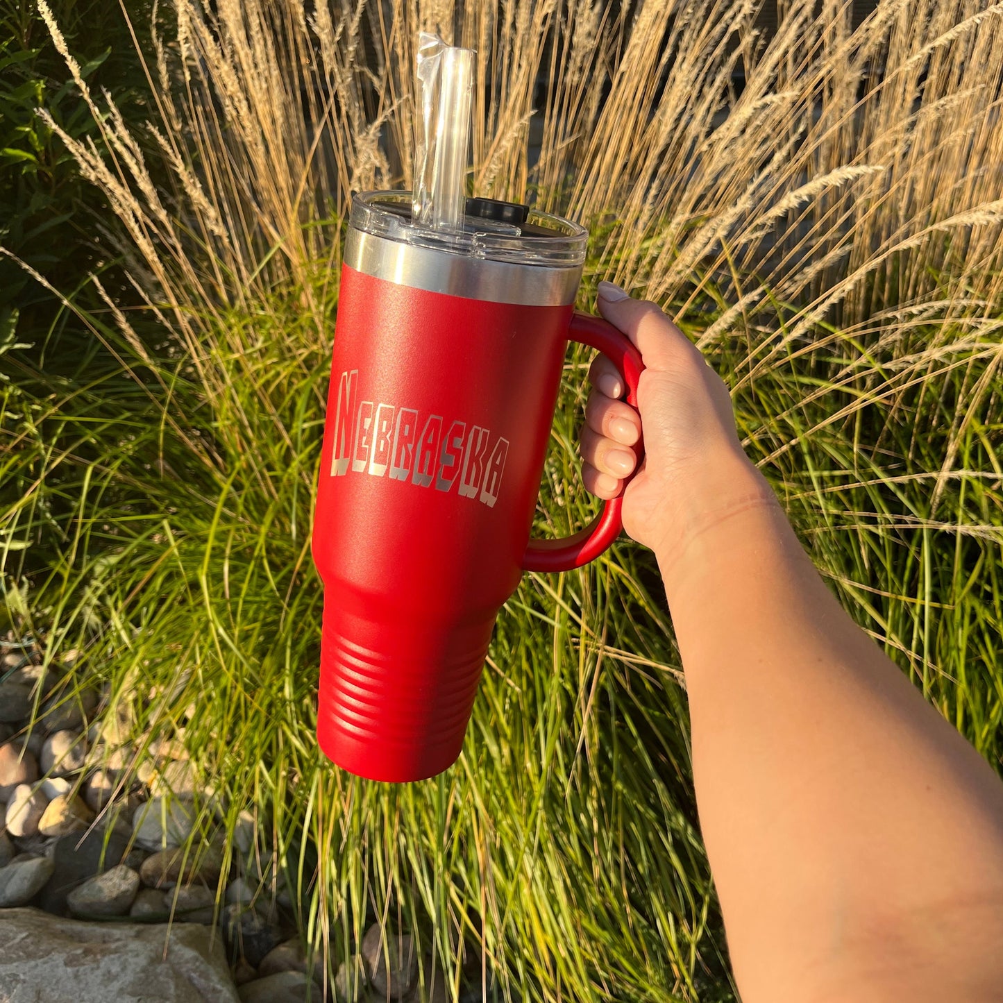 Stainless Steel Nebraska Engraved Tumbler With Handle | 40 oz | Multiple Colors | RCK Creations & More